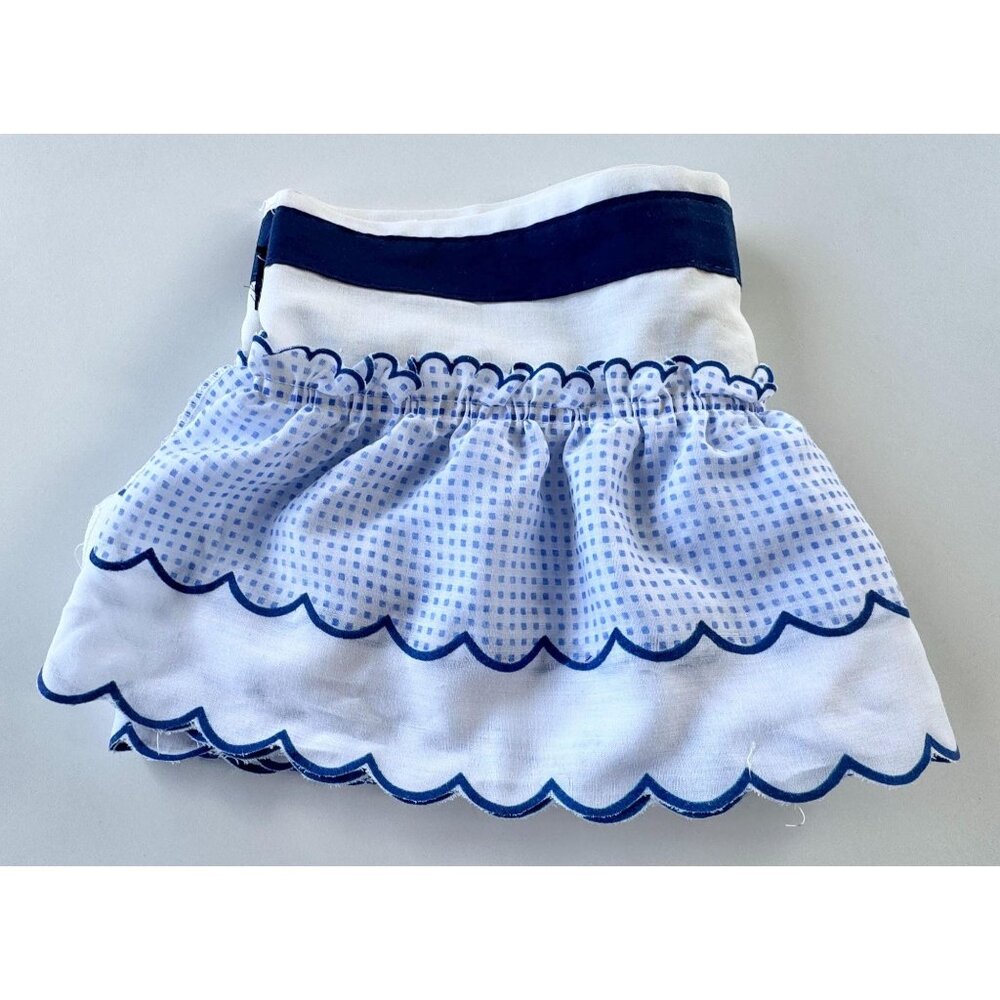Vintage 70s valance curtain, white, navy, blue checkered pattern, ruffled